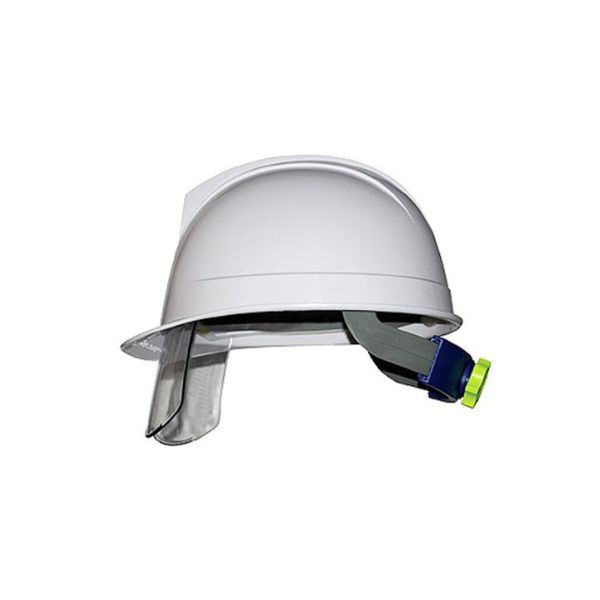 Mũ Bảo Hộ Có Kính Chống Bụi, Chống Tia UV – Giải Pháp An Toàn Hiện Đại - UMKH140 3 Chốt gạt màu xanh lá và vàng bên hông mũ giữ bản kính khói đang kéo ra