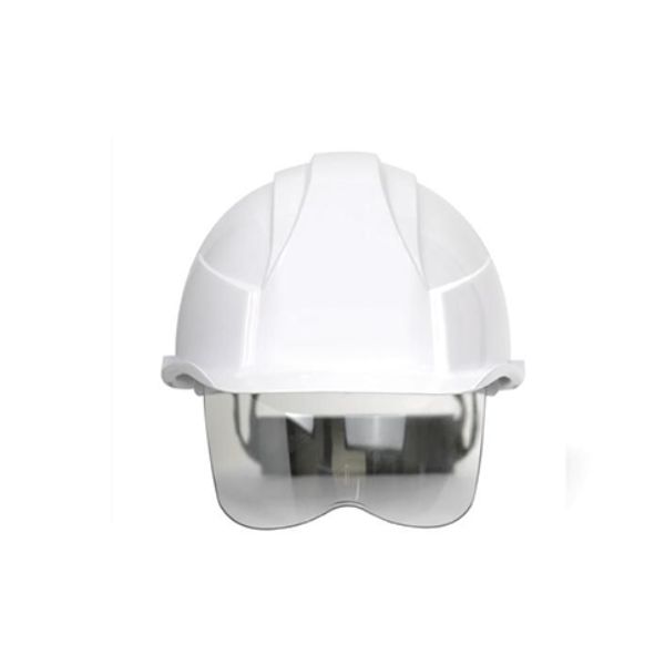 Mũ Bảo Hộ Có Kính Chống Bụi, Chống Tia UV – Giải Pháp An Toàn Hiện Đại - UMKH140 2 Mũ bảo hộ kính lật vỏ trắng nhìn chính diện với tấm kính trong đang kéo xuống che mặt